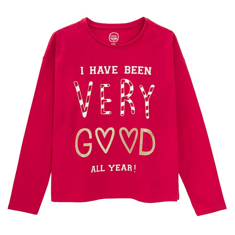 Red pyjamas, long sleeve blouse and checked pants I HAVE BEEN GOOD ALL YEAR