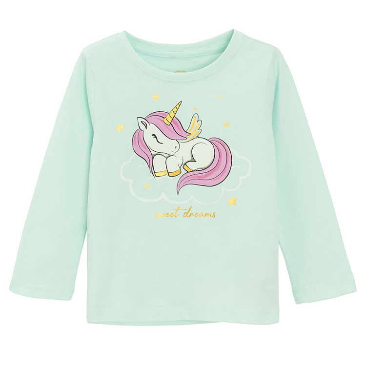 Mint long sleeve blouse and long pants pyjama with unicorn print