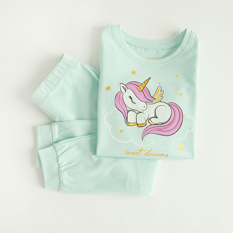 Mint long sleeve blouse and long pants pyjama with unicorn print