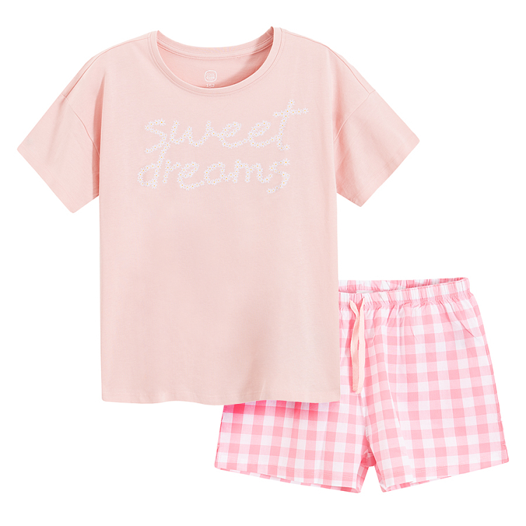 Πυτζάμες σετ μπλούζα κοντομάνικη και σορτς ροζ με στάμπα SWEET DREAMS