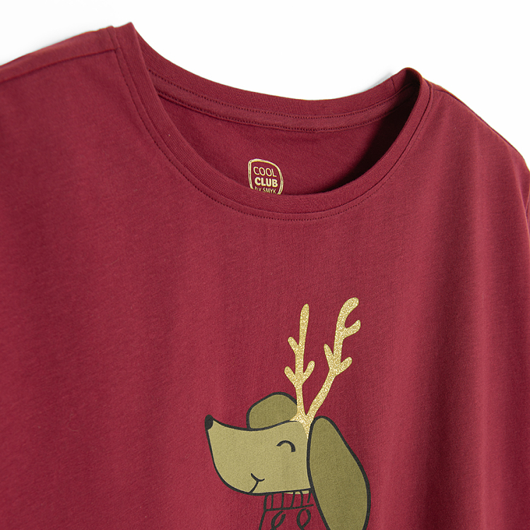 Red long sleeve blouse with raindeer and pants pyjamas