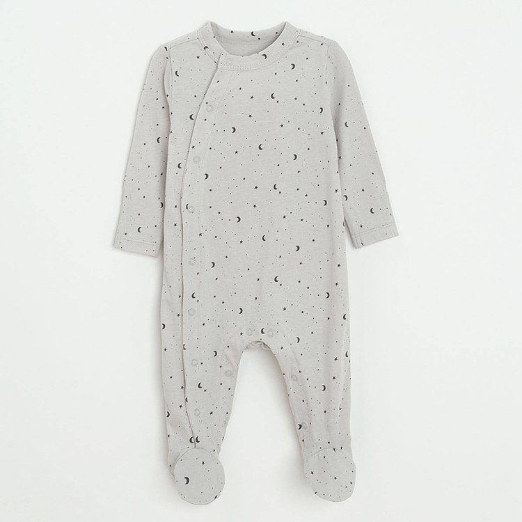 Light blue, blue and grey long sleeve footed overalls with side clips and ILOVE YOU TO THE MOON AND BACK print