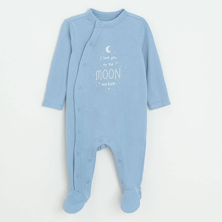 Light blue, blue and grey long sleeve footed overalls with side clips and ILOVE YOU TO THE MOON AND BACK print