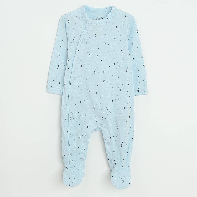 Light blue, blue and grey long sleeve footed overalls with side clips and ILOVE YOU TO THE MOON AND BACK print