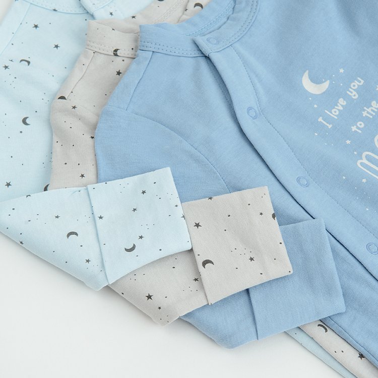 Light blue, blue and grey long sleeve footed overalls with side clips and ILOVE YOU TO THE MOON AND BACK print