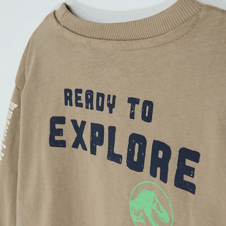Brown Jurassic Park sweateshirt with dinosaur and READY TO ROAR print