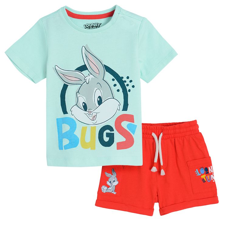 Looney Tunes light green shorts sleeeve T-shirt T-shirt and red shorts set