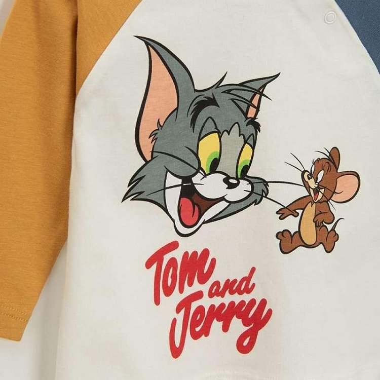 Tom and Jerry long sleeve white blouse with blue and dark yellow sleeves