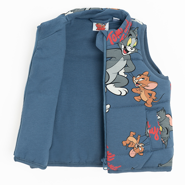 Tom and Jerry vest, blue long sleeve blouse and brown pants with cord set - 3 pieces