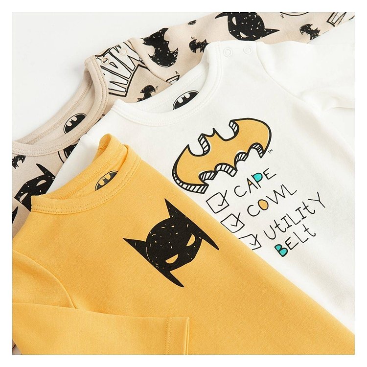 Batman yellow, white and light grey long sleeve bodysuits- 3 pack