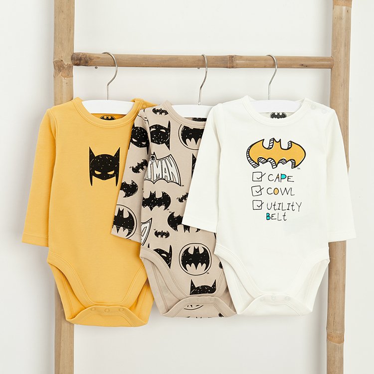 Batman yellow, white and light grey long sleeve bodysuits- 3 pack