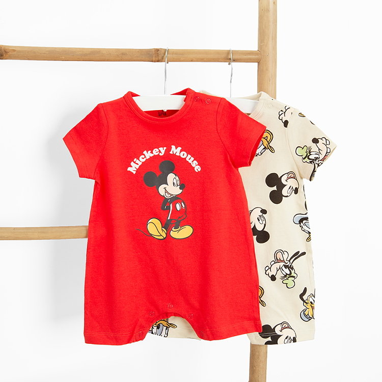 Mickey Mouse and Friends red and beige short sleeve rompers- 2 pack