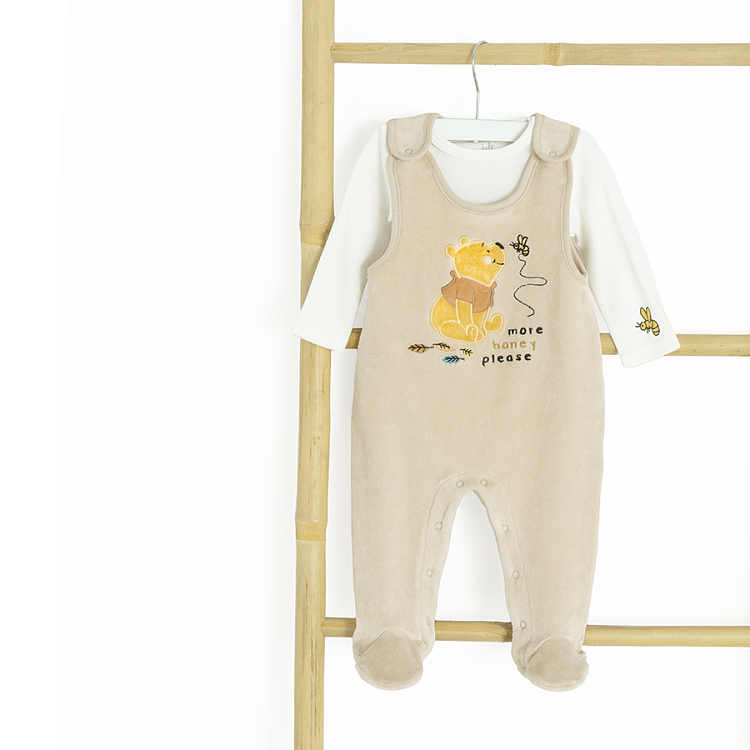 Winnie the Pooh footed overall and grey long sleeve bodysuit set- 2 pieces
