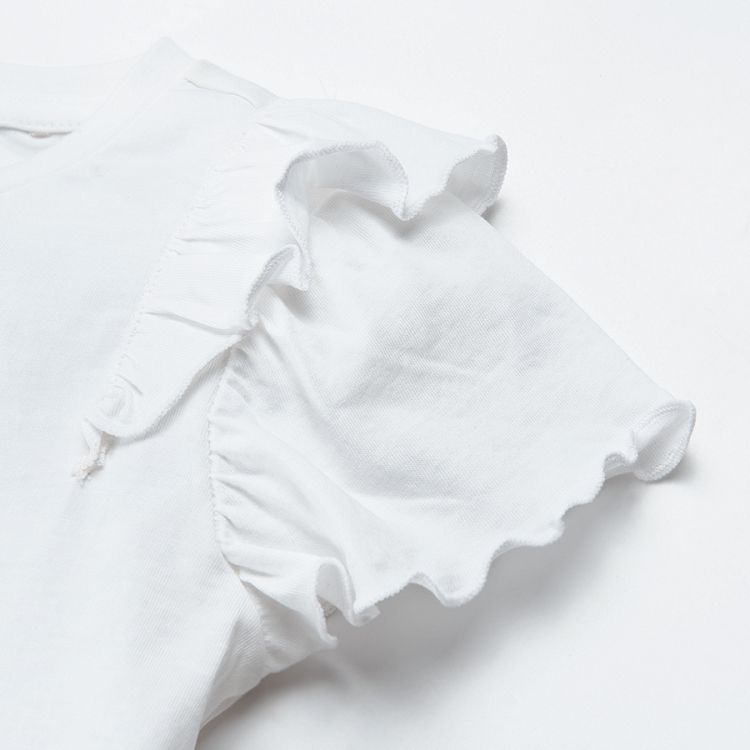 Μπλούζα κοντομάνικη λευκή με βολάν και στάμπα Σταχτοπούτα