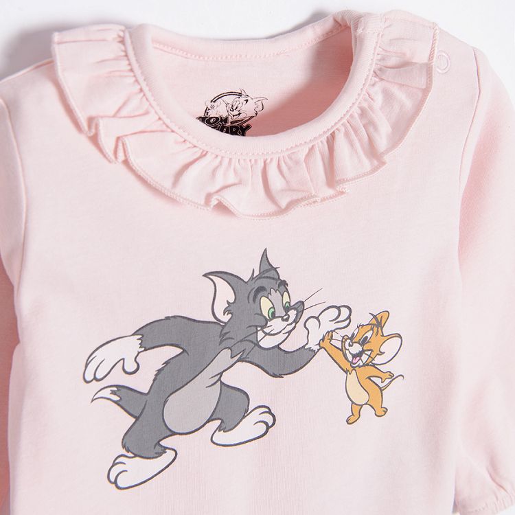 Light pink Tom and Jerry long sleeve bodysuit with ruffle on the neckline