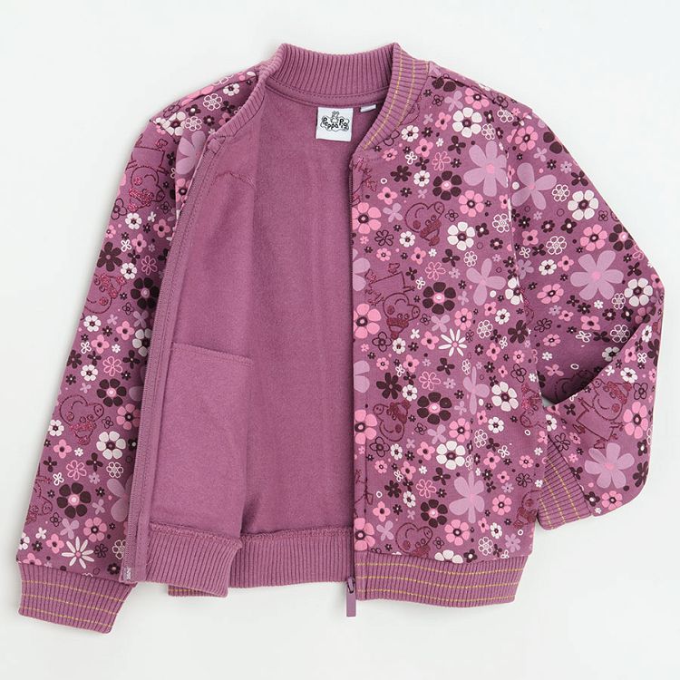 Ζακέτα με φερμουάρ μωβ με επένδυση fleece και στάμπα λουλουδάκια και PEPPA PIG