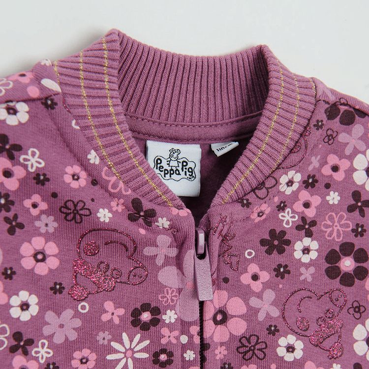 Ζακέτα με φερμουάρ μωβ με επένδυση fleece και στάμπα λουλουδάκια και PEPPA PIG