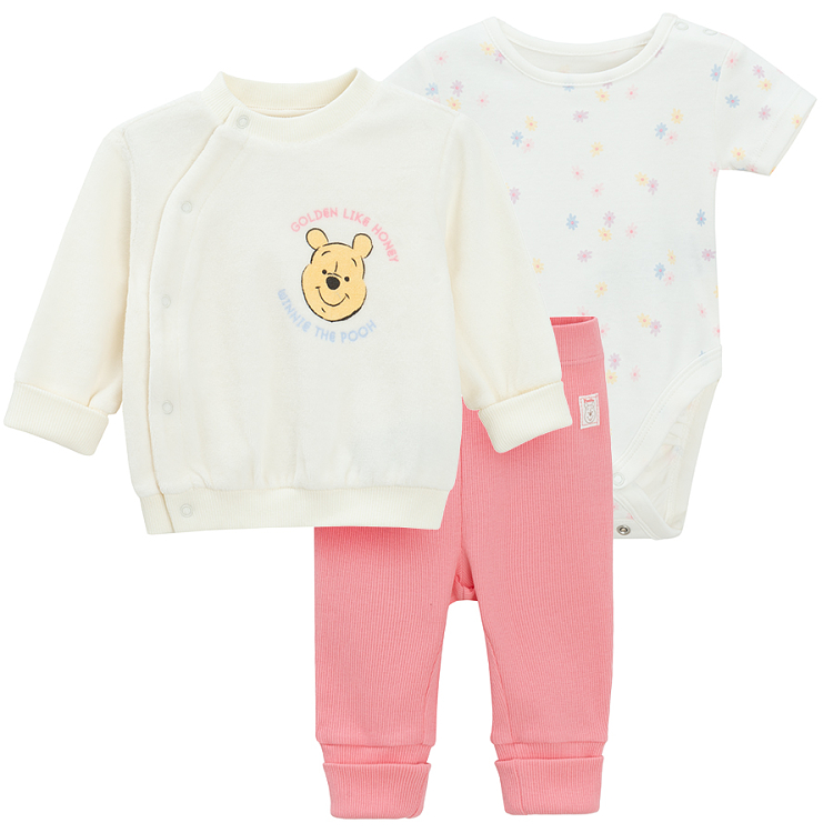 Winnie the Pooh set, white wrap cardigan, short sleeve bodysuit and pink footless leggings- 3 pieces