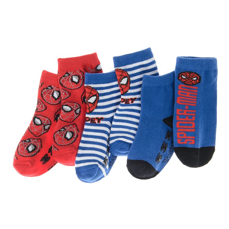 Κάλτσες 3 ζεύγη κόκκινες, μπλε και ριγέ με στάμπα Spiderman