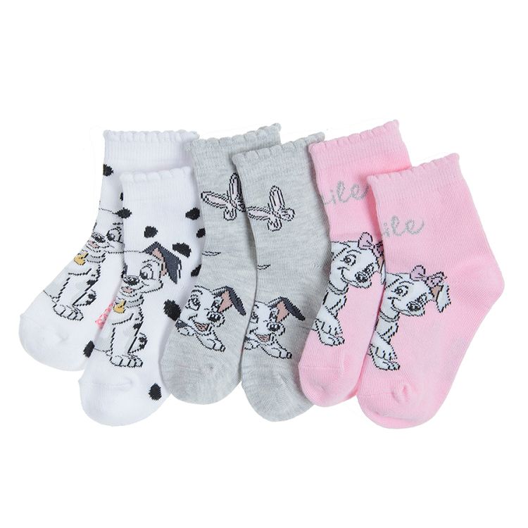 Κάλτσες 3 ζεύγη λευκές, ροζ και γκρι με στάμπα "Τα 101 σκυλιά της Δαλματιας"