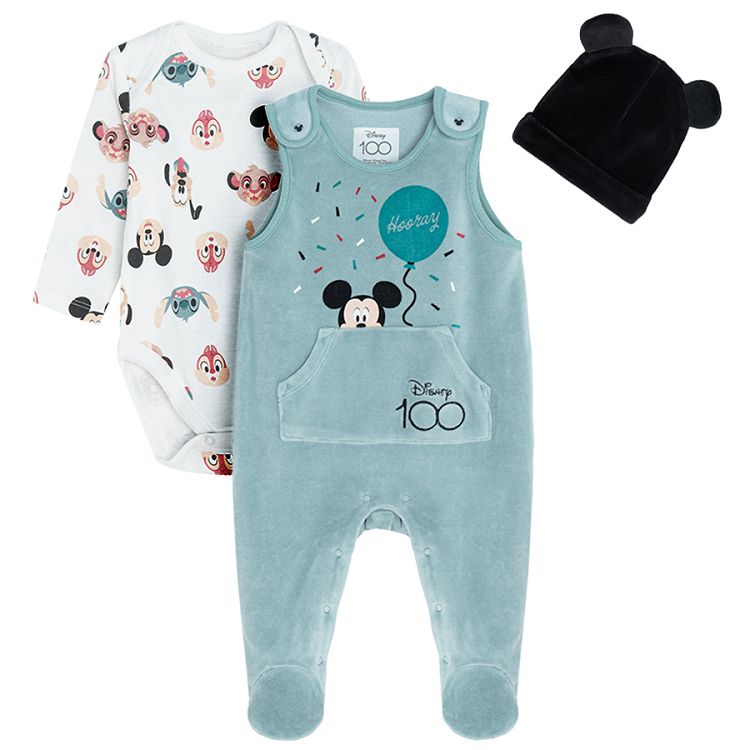 Mickey Mouse long sleeve bodysuit, blue sleeveless footed overall and cap with ears