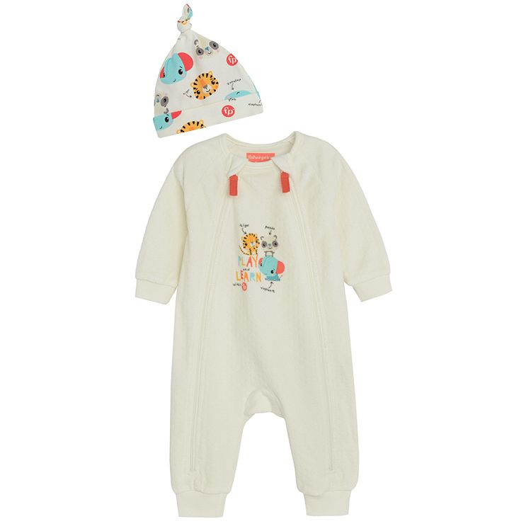 White footless overall with animals and cap