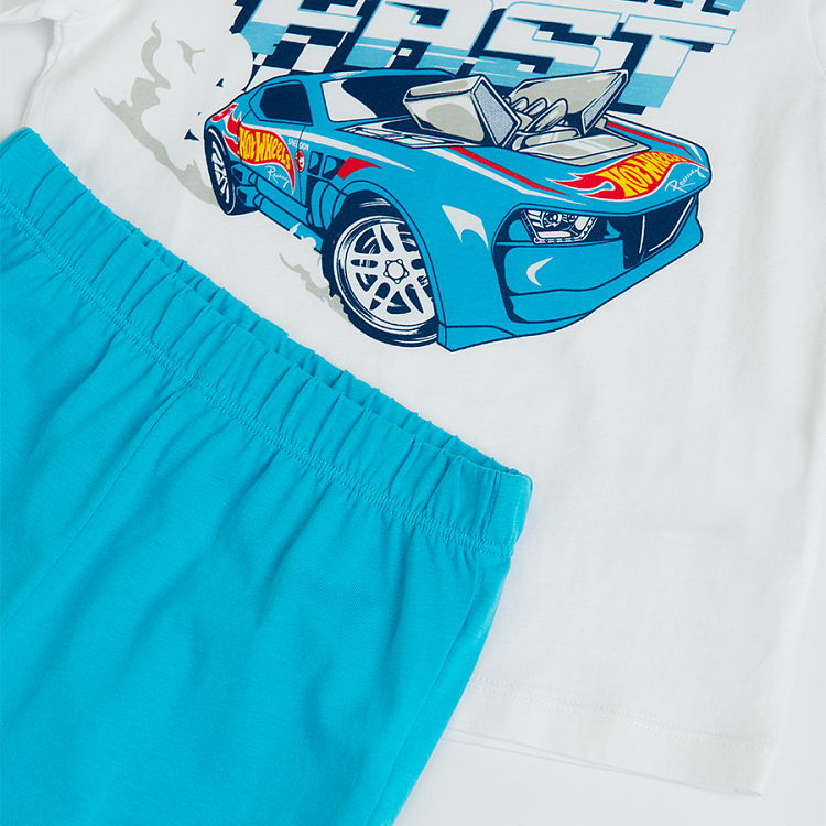Πυτζάμες σετ μπλούζα κοντομάνικη λευκή με στάμπα αυτοκίνητο και γαλάζιο παντελόνι με λάστιχο HOT WHEELS