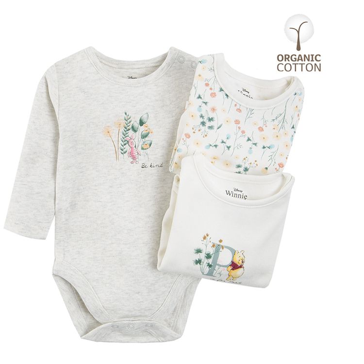 Winnie the Pooh grey and white long sleeve bodysuits 3-pack