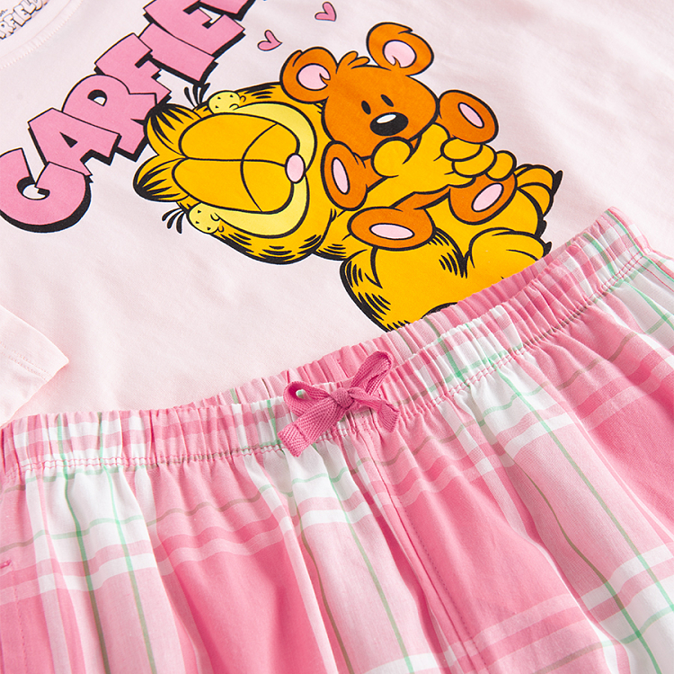 Πυτζάμα ροζ με στάμπα GARFIELD και καρό παντελόνι ροζ με λευκό