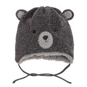 Grey hat with bear print and ears laces and fleece lining