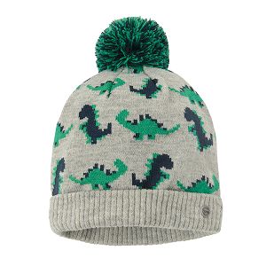 Grey cap with green dinosaurs print and pom pom