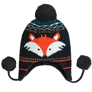 Σκούφος μπλε με επένδυση fleece, pom pom και στάμπα αλεπού