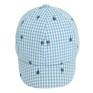 Blue and white checkered jockey hat with small sailing boats print