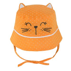 Brimmed summer cap with kitten print and ears ties around the neck