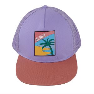 Lilac jockey cap with palm tree and ALOHA print