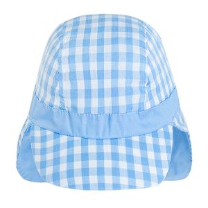 Checked blue and white cap with ear flaps and bow on the back