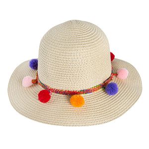 Light beige Panama hat with mix color pom poms