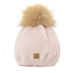Ecru knit cap with pom pom