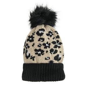 Σκούφος μαύρος και μπεζ με pompom
