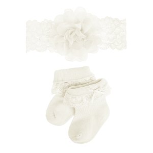 Ecru baby socks with lace and matching grey headband with pink bow- 2 pieces