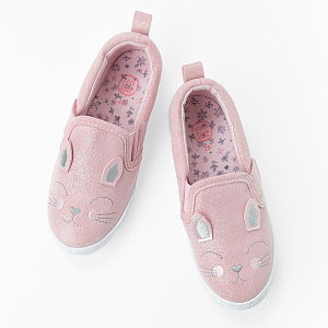 Pink slip on slippers with kitten pattern