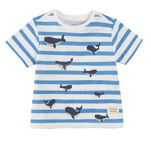 White and blue stripes short sleeve blouse and whales print
