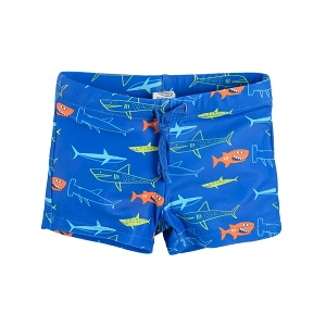 Blue swimming trunks with sharks print and UV+50 protection
