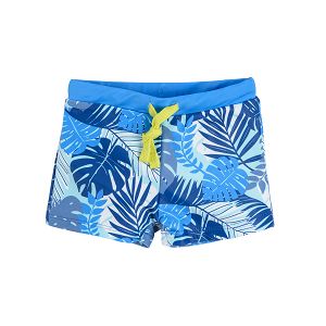 Blue swimming trunks with tropical leaves