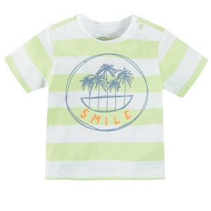 White and light green stripes short sleeve blouse with palm trees and smile