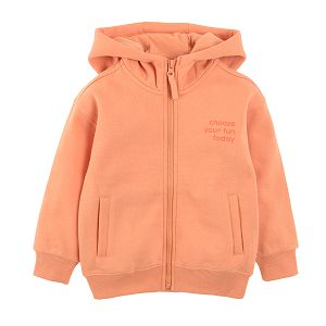 Orange zip through hoodie with HELLO FOLKS print on the back