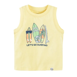 Yellow sleeveless blouse with lets go surfing print