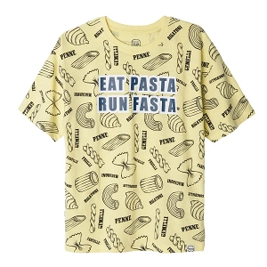 Μπλούζα κοντομάνικη κίτρινη με σχέδια μακαρόνια "EAT PASTA, RUN FASTA"