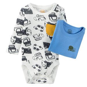 White and blue with various cars prints long sleeve bodysuits 2 pack