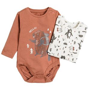 White and brown forest animals print long sleeve bodysuits 2 pack